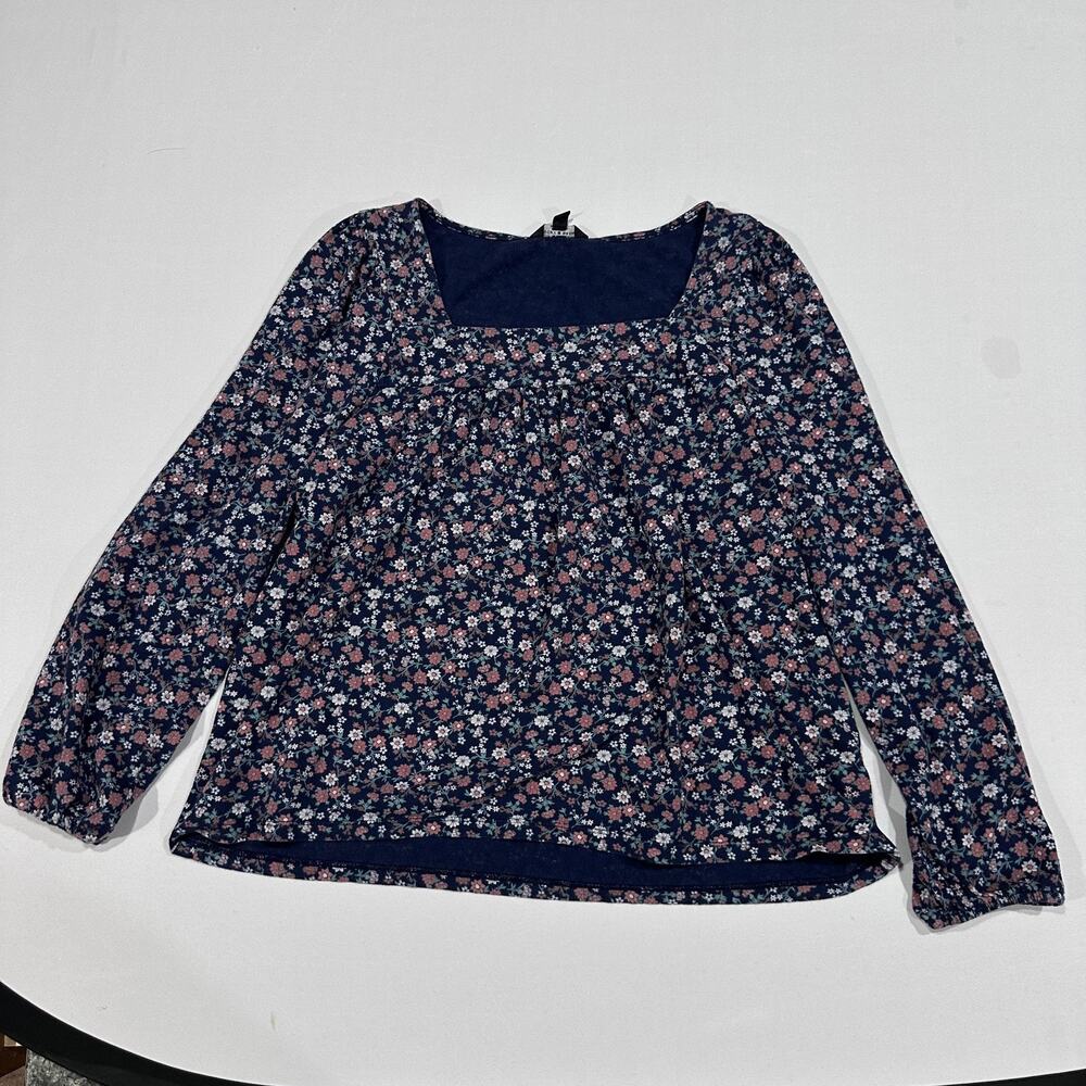 Lucky Brand Blouse Women L Blue Pink Green Floral Square Neck Cottage Prairie